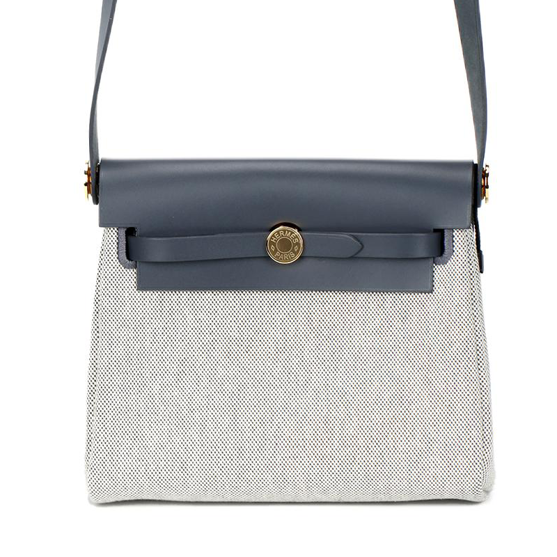 HERMES Herbag Zip Viking Canvas With Hunter Cow Leather Crossbody Bag, Shoulder Bag 20 Unisex Light Beige & Slate Gray