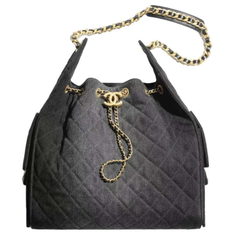CHANEL 25Bag Denim Material Vintage Gold Chain Crossbody Bag, Shoulder Bag Large Women's Black