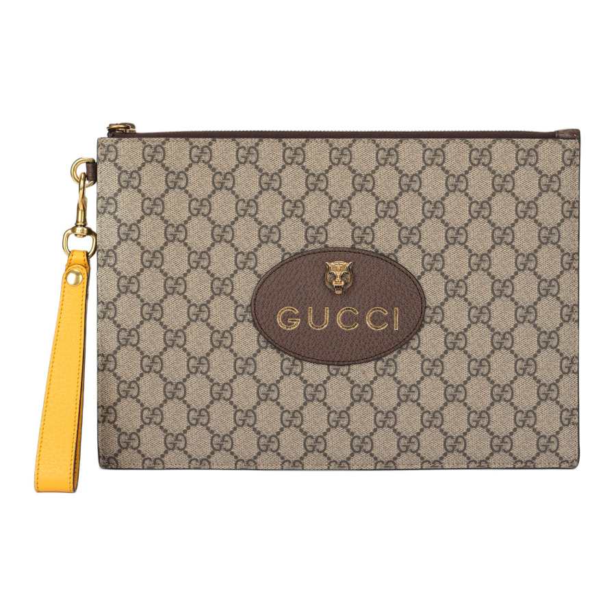 GUCCI Canvas With Leather Clutch Unisex Ebony/Brown/Yellow