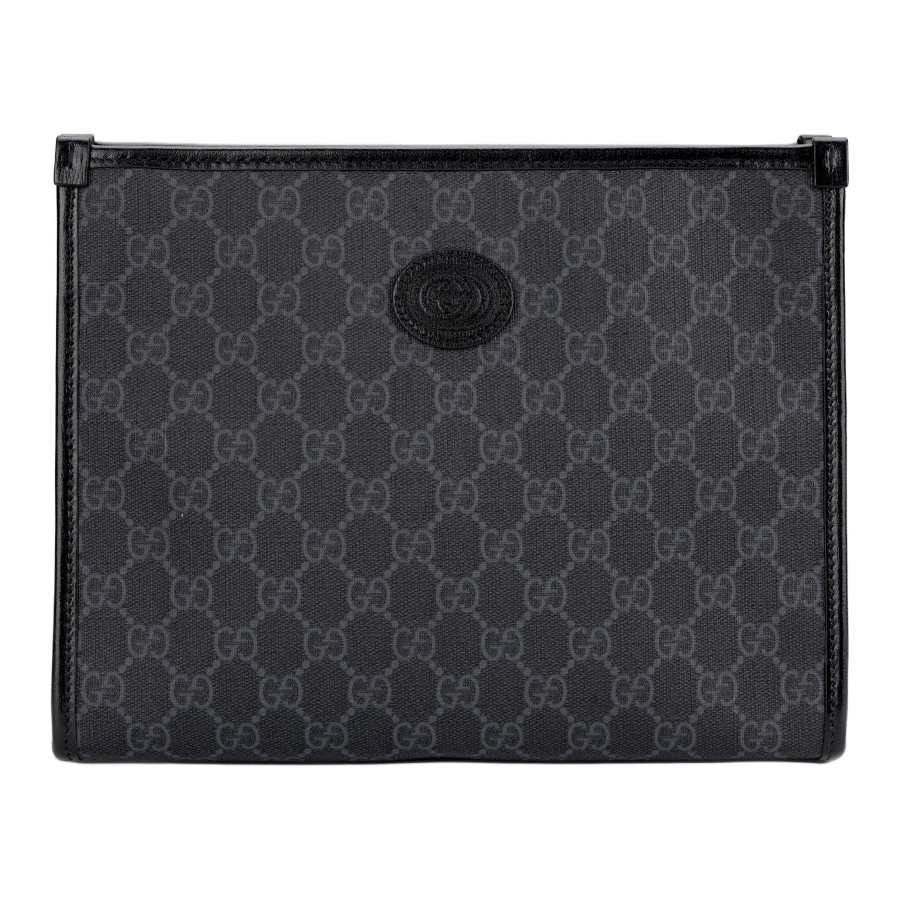 GUCCI Canvas With Leather Makeup Bag Clutch Toiletry Bag Men's Black Gray