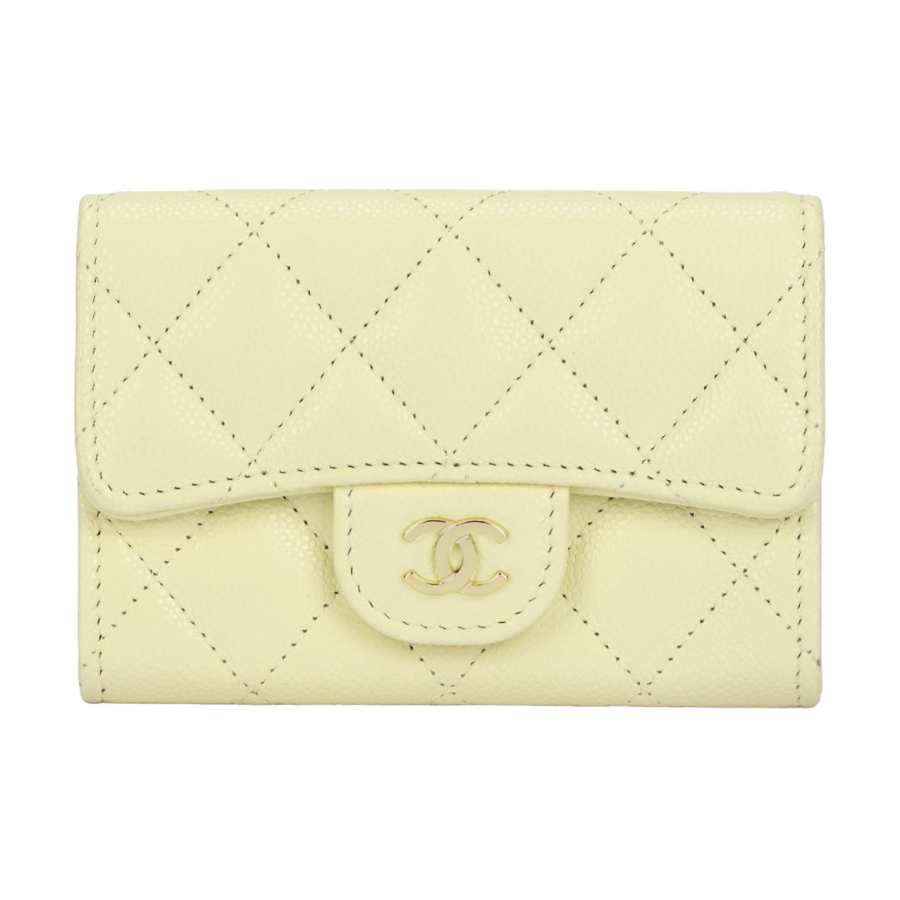 CHANEL Classic Flap CF Shiny Grain Calfskin & Gold Metal Card Holder Small Women's Yellow