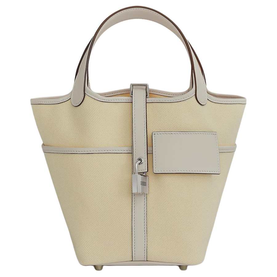 HERMES Picotin Lock Goeland Canvas With Swift Calfskin Basket Bag, Bucket Bag, Handbag 18 Women's Cream White & Beige