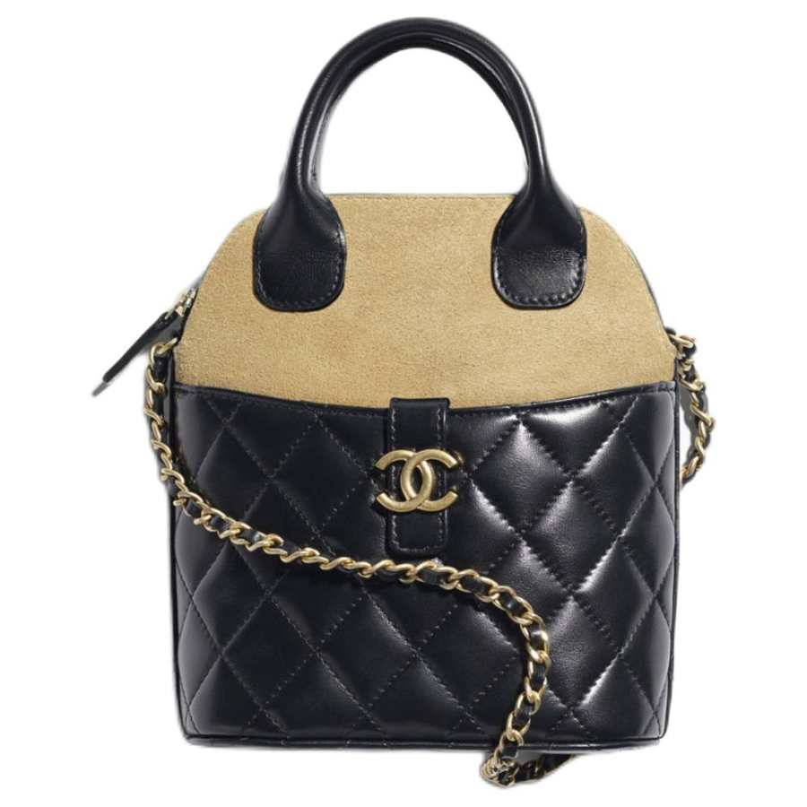 CHANEL Suede Material Gold Metal Handbag Women's Black Beige
