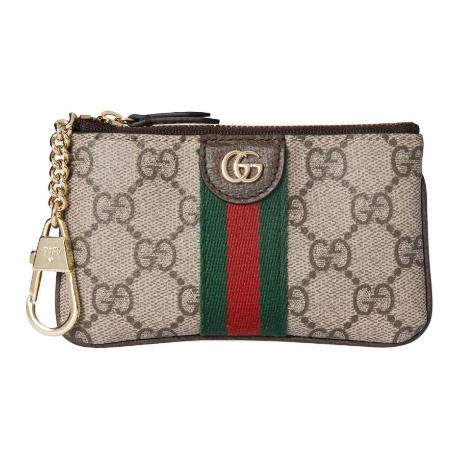 GUCCI OphidiaGG Supreme Canvas With Leather Coin Purse Key Pouch Women's Beige & Dark Brown