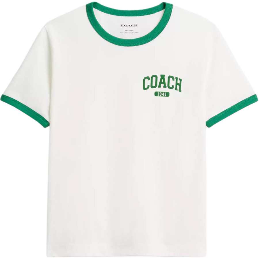 COACH T Shirts Women's White Green Crew Neck Moderate Straight Fit