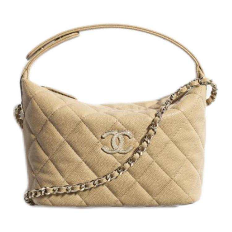 CHANEL HOBO Grain Embossed Calfskin One Shoulder Handbag Women's Dark Beige