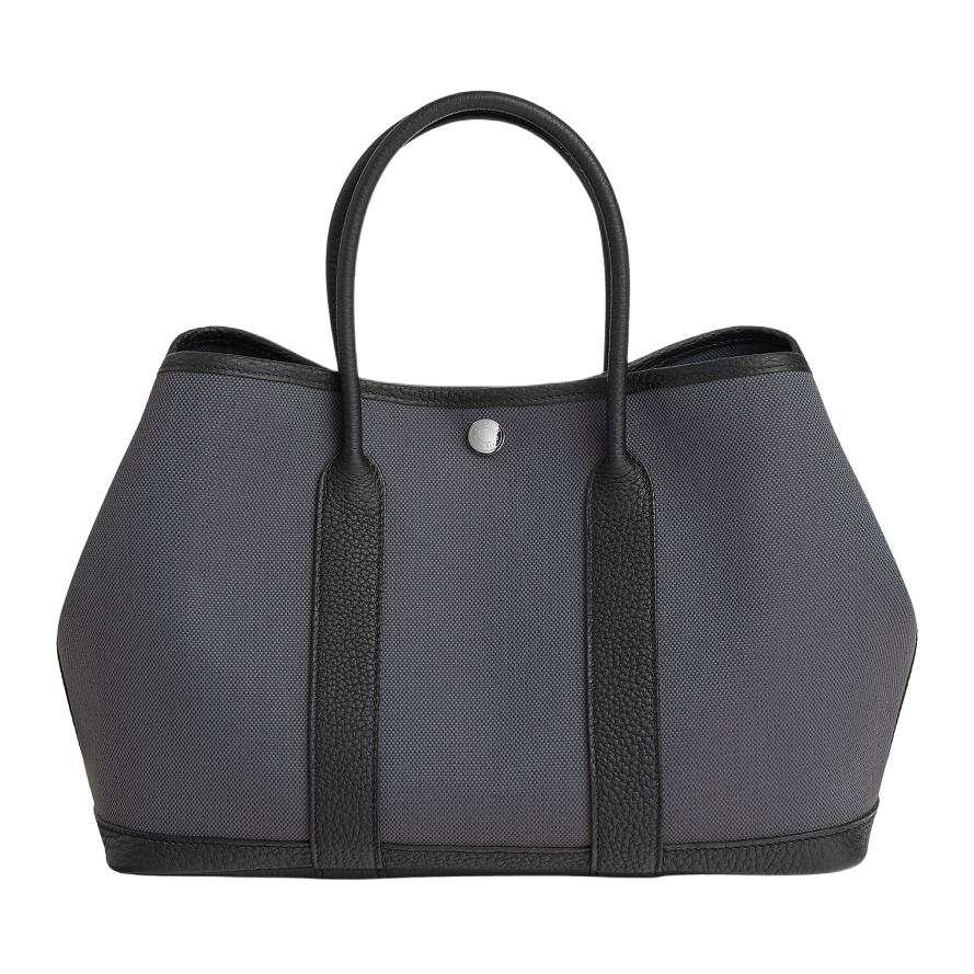 HERMES Garden Party Canvas With Negonda Calfskin Handbag 30 Women's Black & Gray