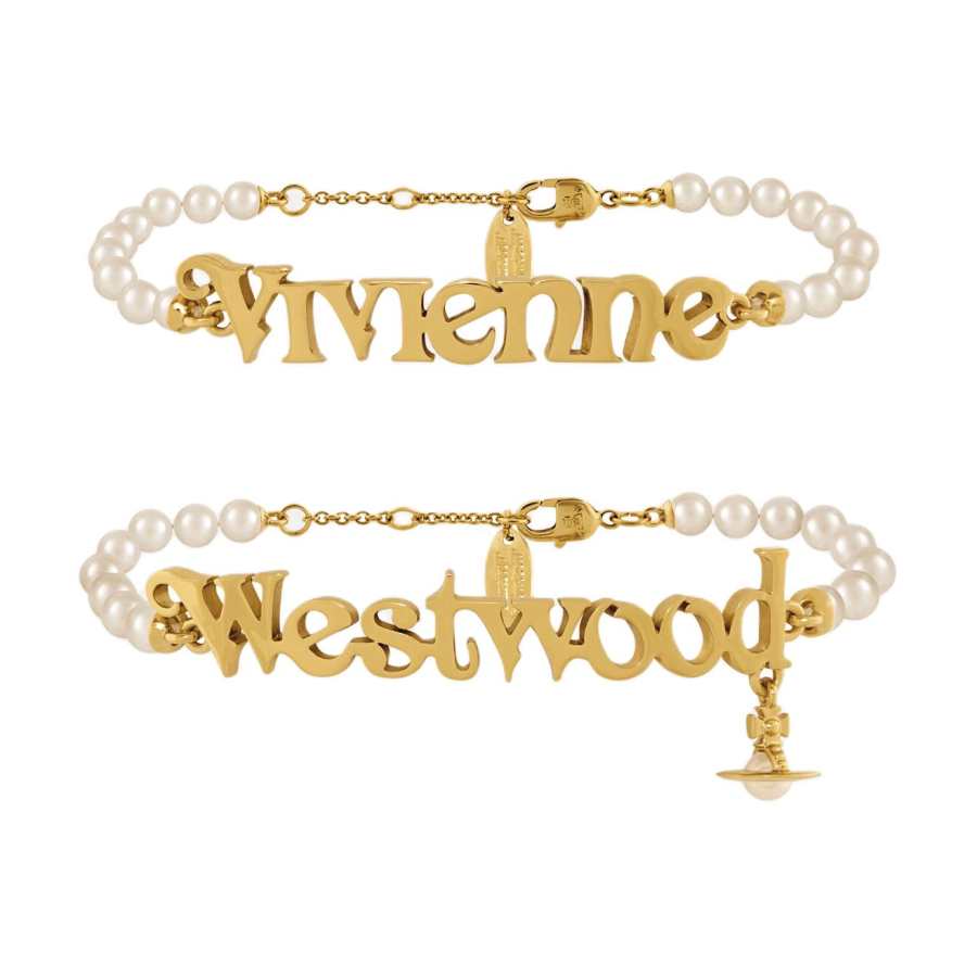 Vivienne Westwood Glass, Brass, Pearl, Gold Plated Bracelet, 1 Pair Women's Gold