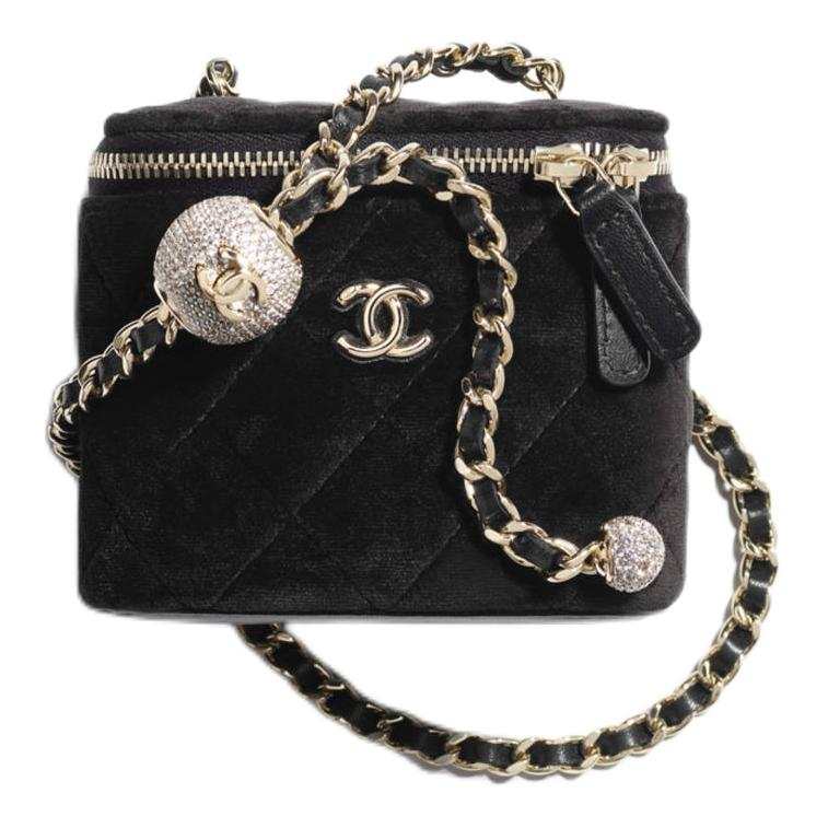 CHANEL 2024/25 Premium Handcrafted Workshop Velvet Material Gold Metal Makeup Bag Shoulder Bag Small Women's Black