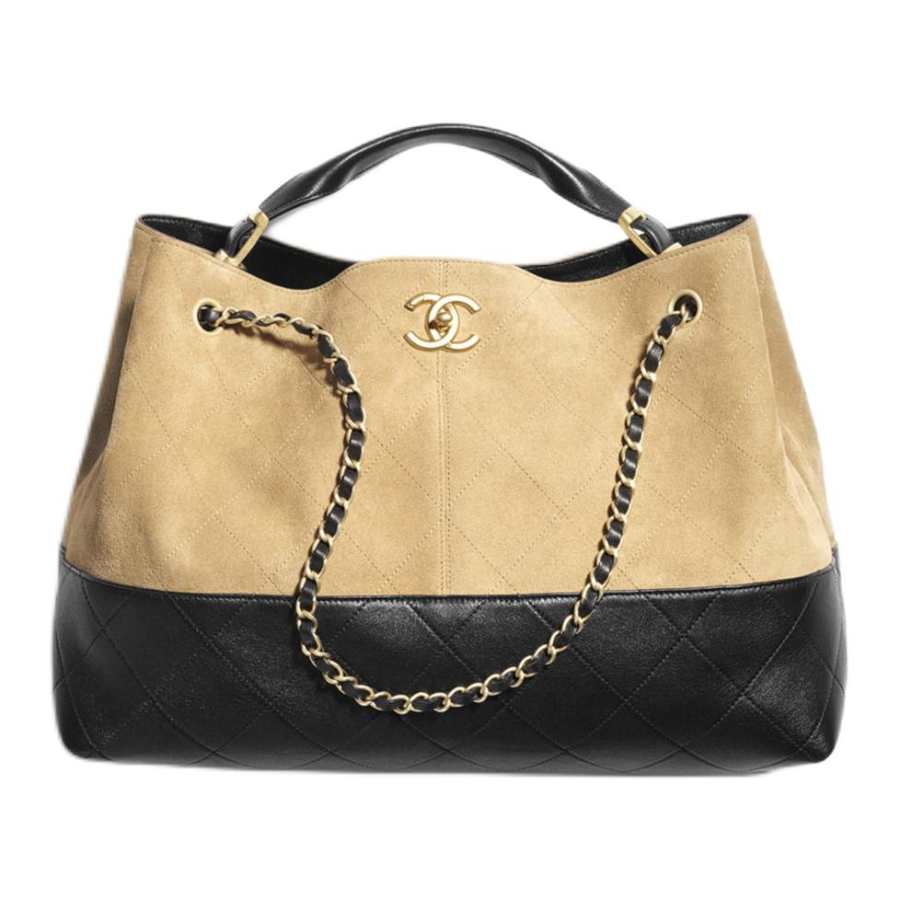 CHANEL Suede Dual Combo Shopping Bag, One Shoulder Handbag Large Women's Beige & Black