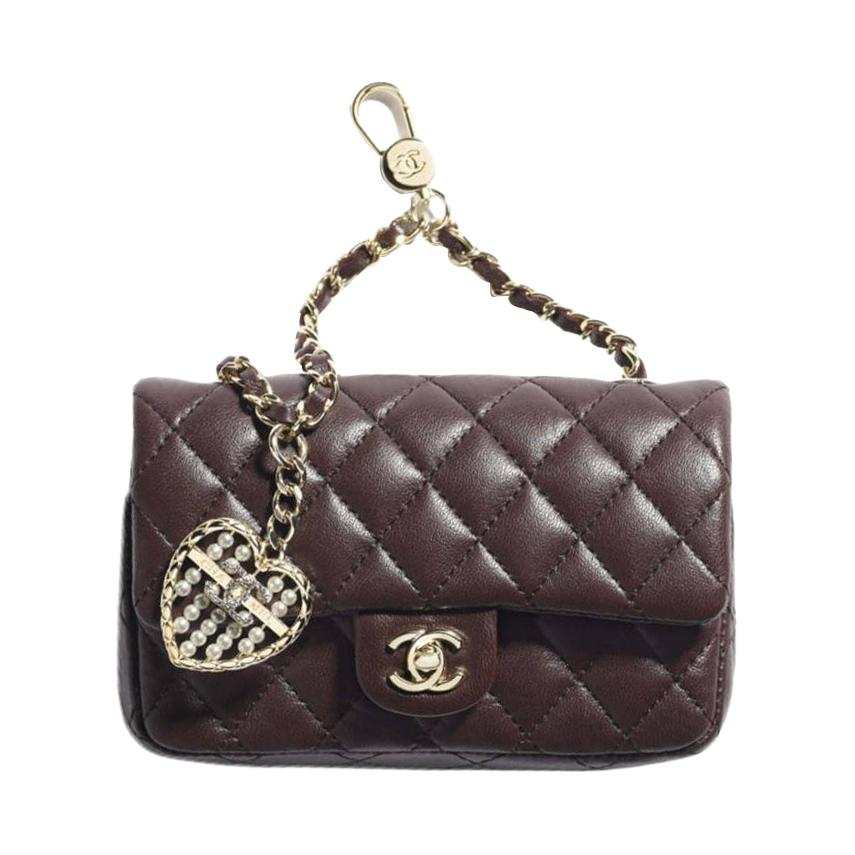 CHANEL Sheepskin Material Gold Chain Coin Purse Mini Women's Dark Brown