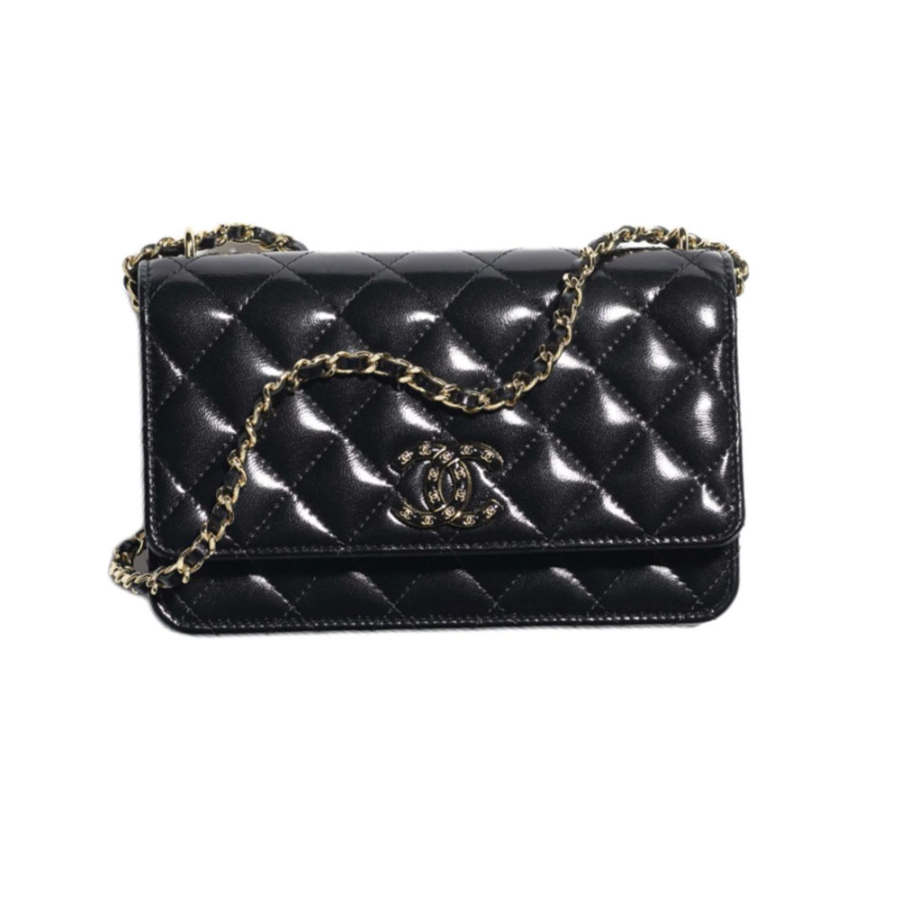 CHANEL Sheepskin Material Gold Metal Wallet Women's Black
