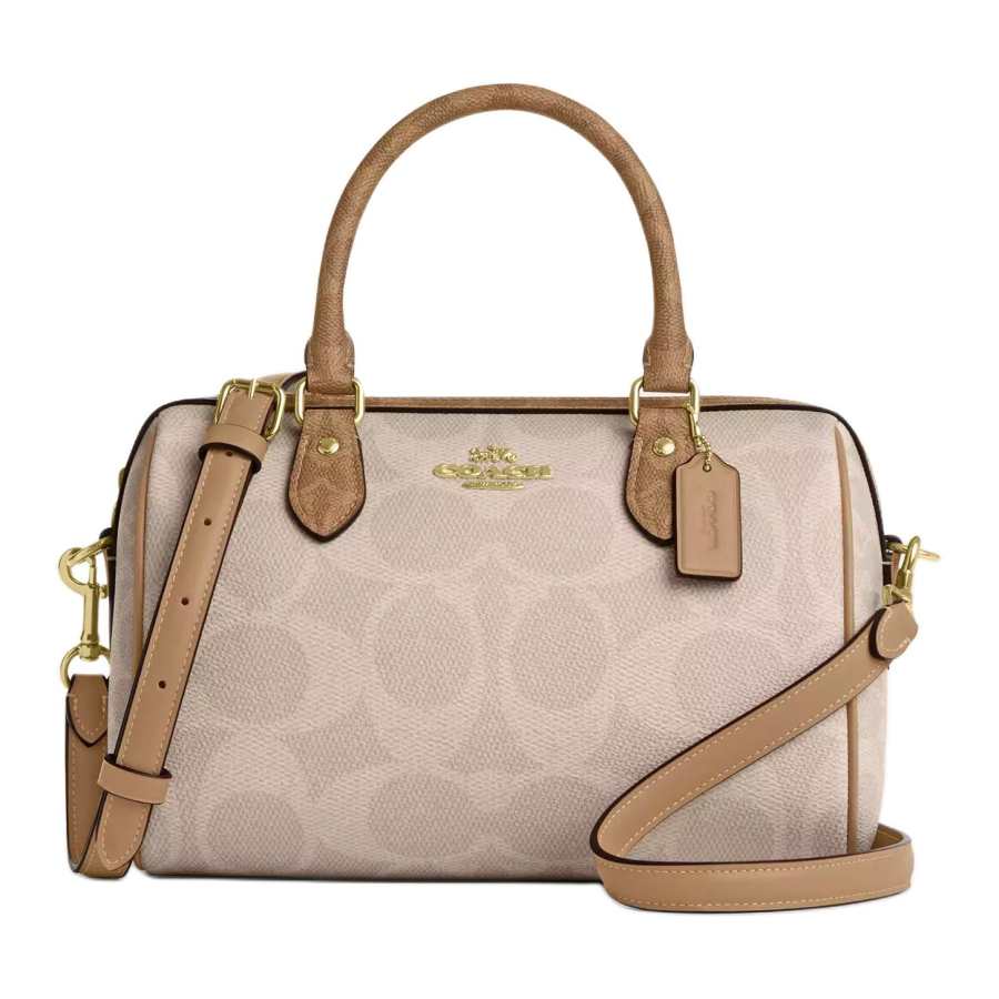 COACH Rowan Artificial Leather Boston Bag, Shoulder Bag, Crossbody Bag, Handbag Medium Women's Beige & Brown