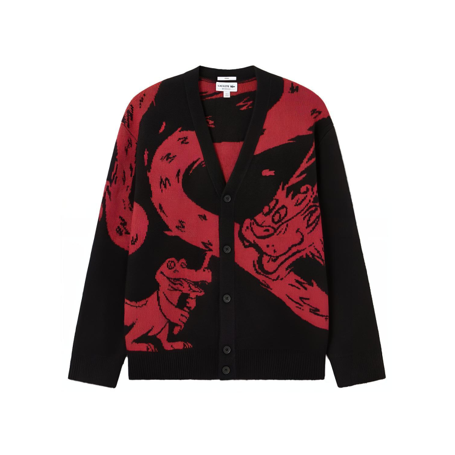 LACOSTE Year Of The Dragon Spring Festival Collection Sweaters Men's Black V Neck Moderate Cardigan