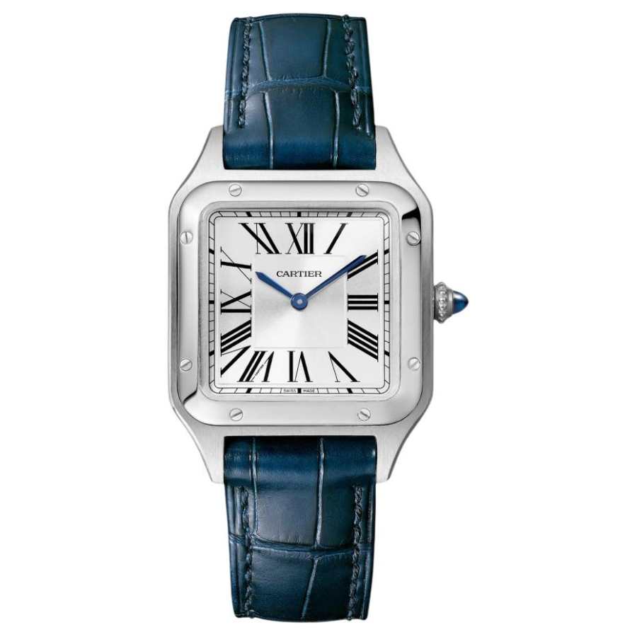 CARTIER SANTOS DE Quartz Movement Women's Watch 38mm Silver Dial Steel Watch Case Crocodile Leather Strap