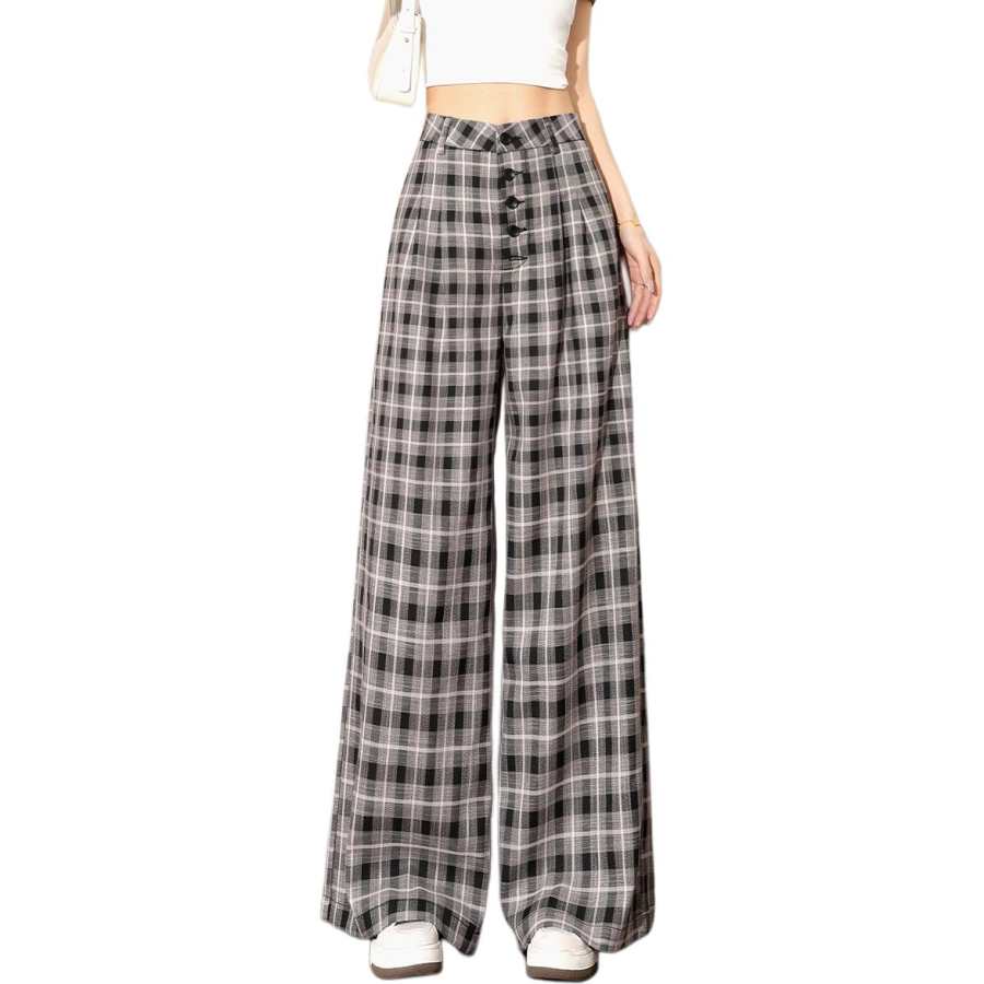 Tonlion Casual Pants Women's Beige Black Plaid Thin Wide Leg Pants