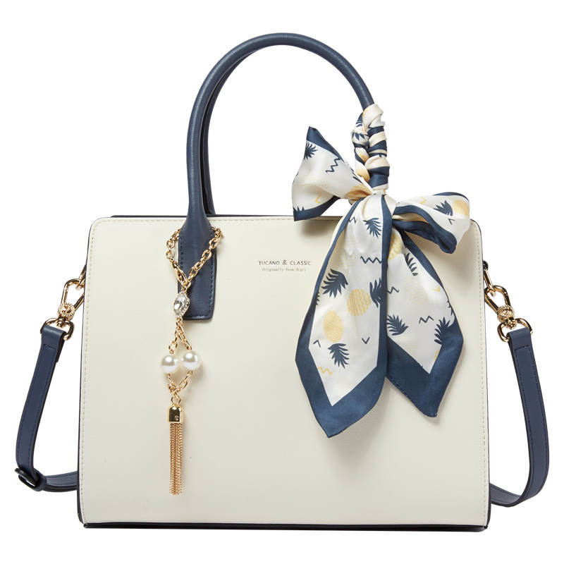 TUCANO Cow Leather Handbag, Shoulder Bag, Crossbody Bag, Handbag Medium Women's Ecru/Dark Blue