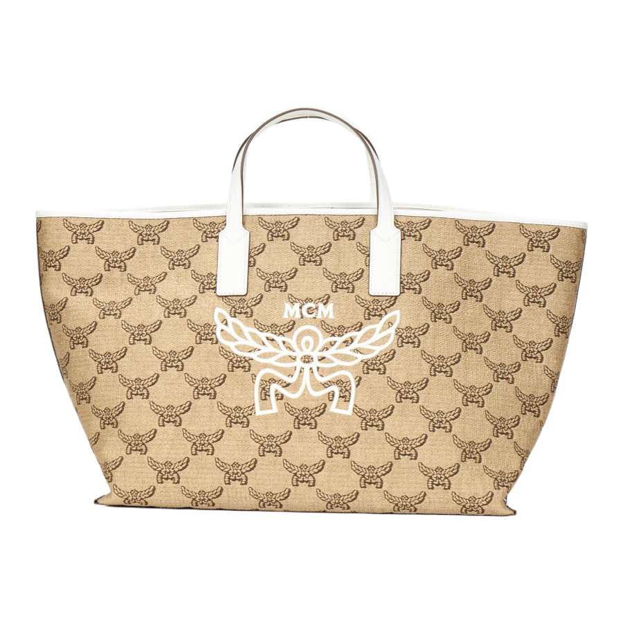 MCM Himmel Lauretos Raffia Textile Jacquard Tote Bag, Shopping Bag, Shoulder Bag, Handbag Medium Women's Natural Beige