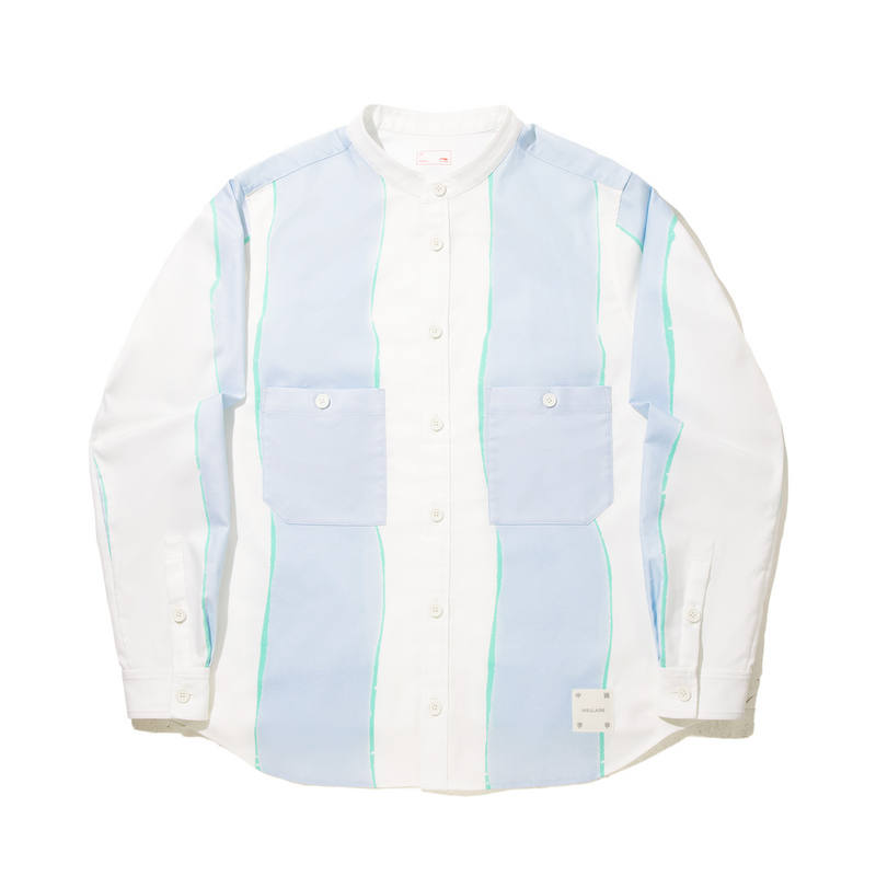 Li-Ning Li Ning Shirts Men's Champagne White/Dusty Gray Blue Stripes All Over Print Half Open Collar Moderate Shirt