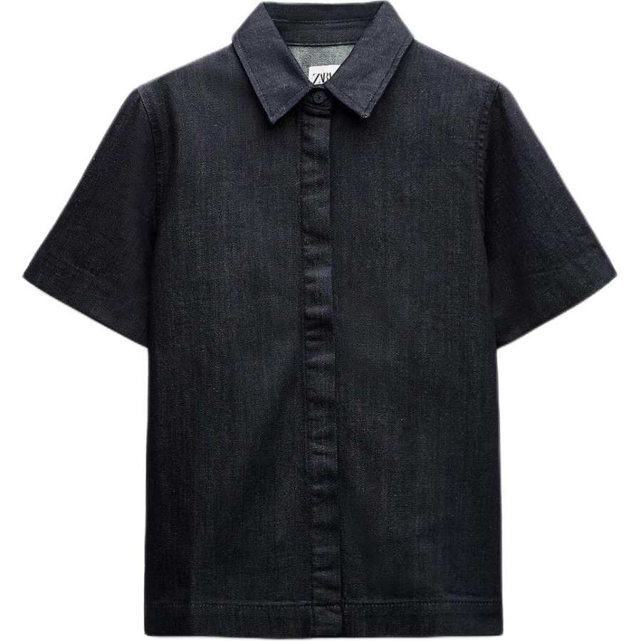 ZARA ZW Shirts Women's Blue Lapel Moderate Denim