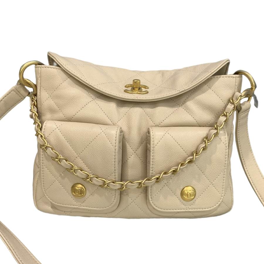 CHANEL HOBO Grain Cow Leather Material Gold Metal Shoulder Bag Small Women's Beige