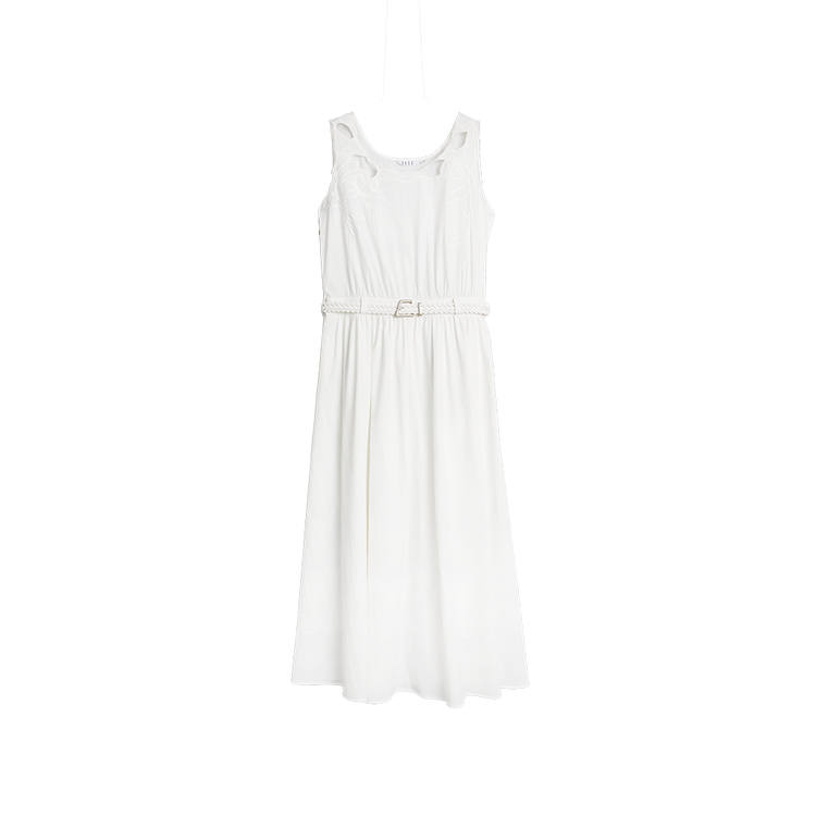 ELLE Sleeveless Dresses Women's White Crew Neck Thickened Mid Length