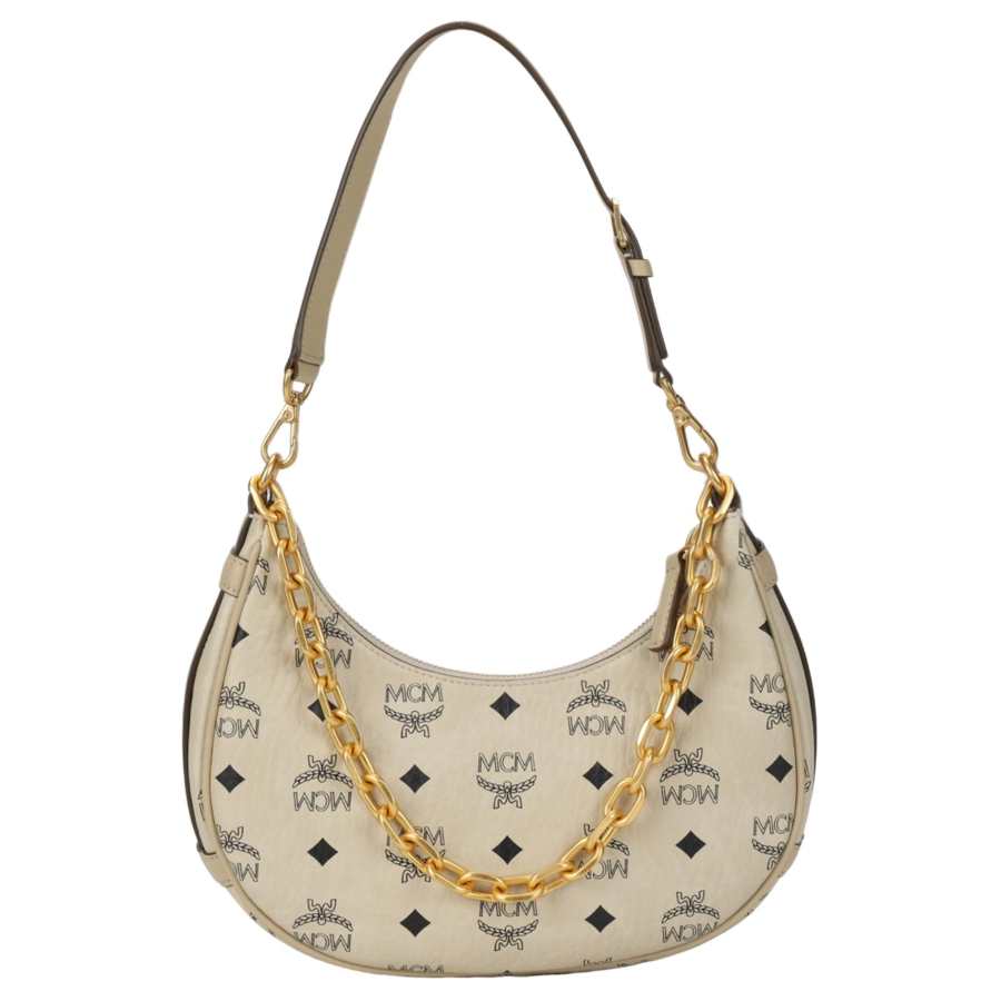 MCM MCM Aren Canvas With Leather Shoulder Bag Small Unisex Beige
