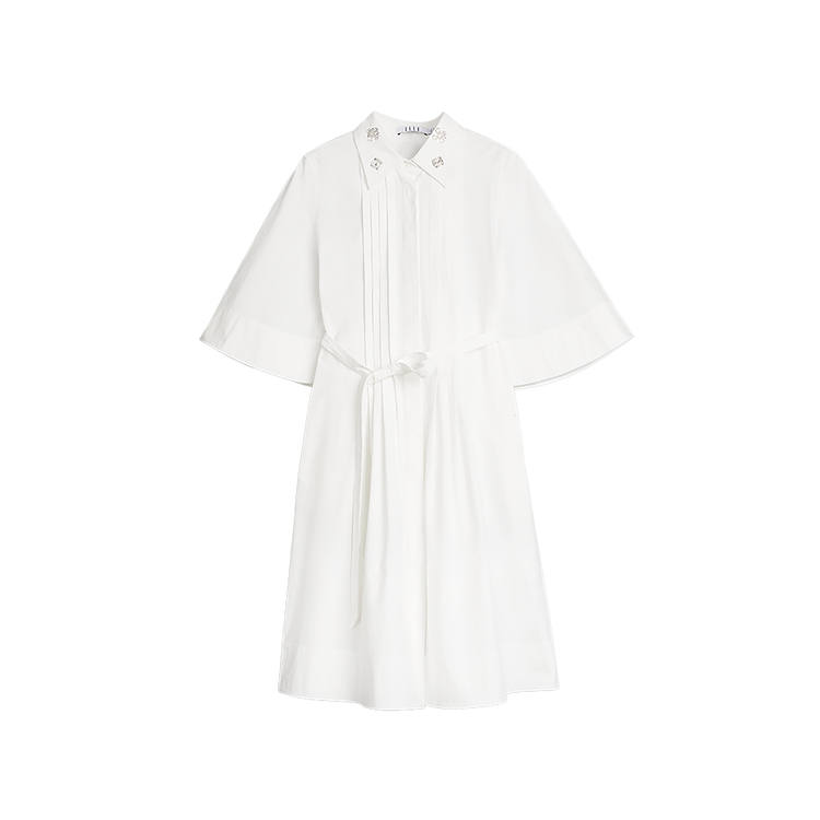 ELLE Short Sleeved Dresses Women's White Lapel Moderate Mid Length