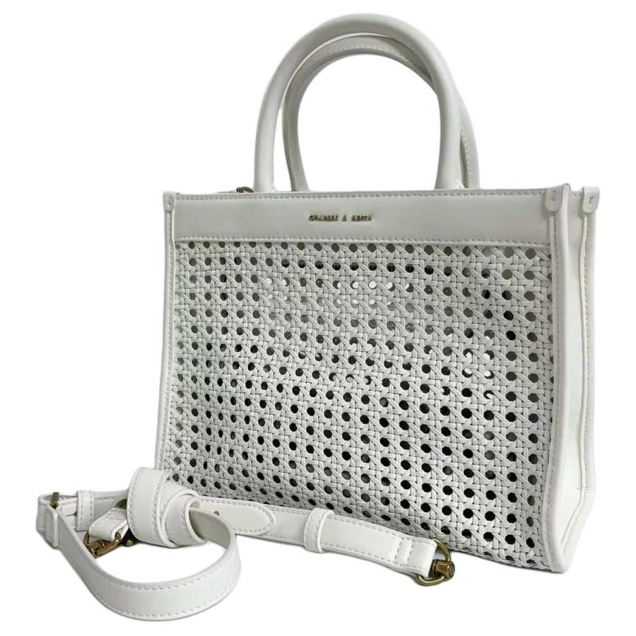 CHARLES&KEITH Synthetic Leather Tote Bag, Shopping Bag, Shoulder Bag, Crossbody Bag, Handbag Regular Women's White