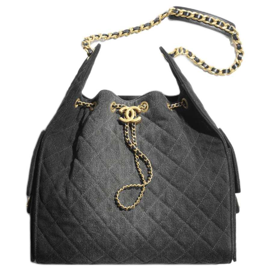 CHANEL 25Bag Denim Material Gold Metal Shoulder Bag Medium Women's Black