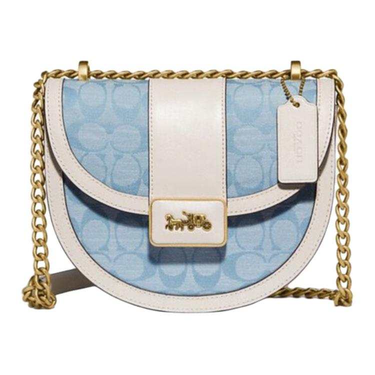 COACH Alie Cow Leather With Fabric Saddle Bag, Shoulder Bag, Crossbody Bag Small Women's White & Denim Blue
