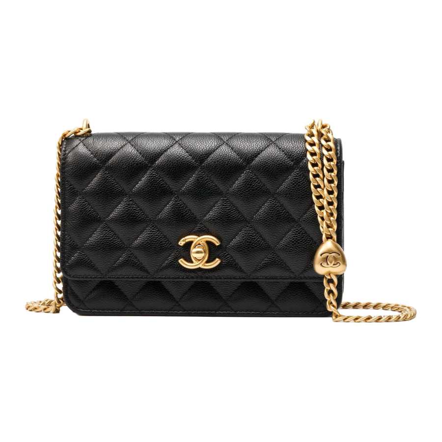 CHANEL Litchi Grain Cow Leather Shoulder Bag, Crossbody Bag Small Women's Black