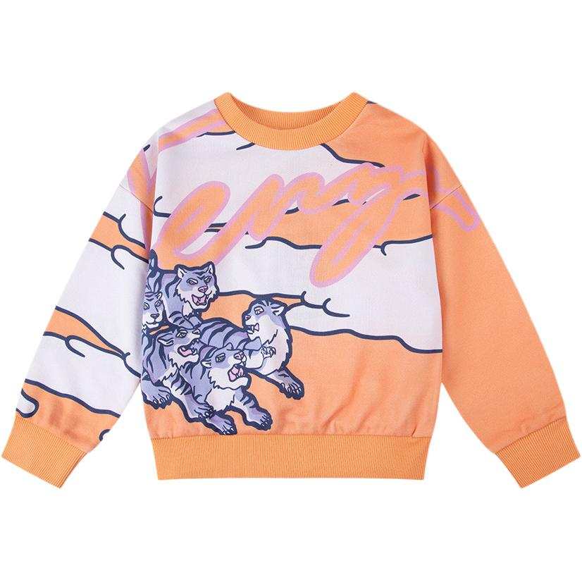 KENZO Kitten Print Cotton Crew Neck Long Sleeved Shirt SS23 Sweatshirt Orange Kids'