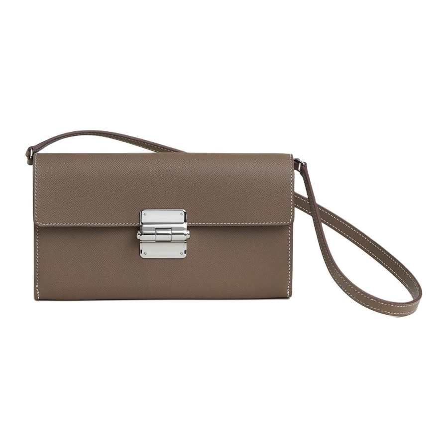 HERMES Charniere Madame Calfskin One Shoulder Clutch Women's 18 Etoupe Elephant Gray