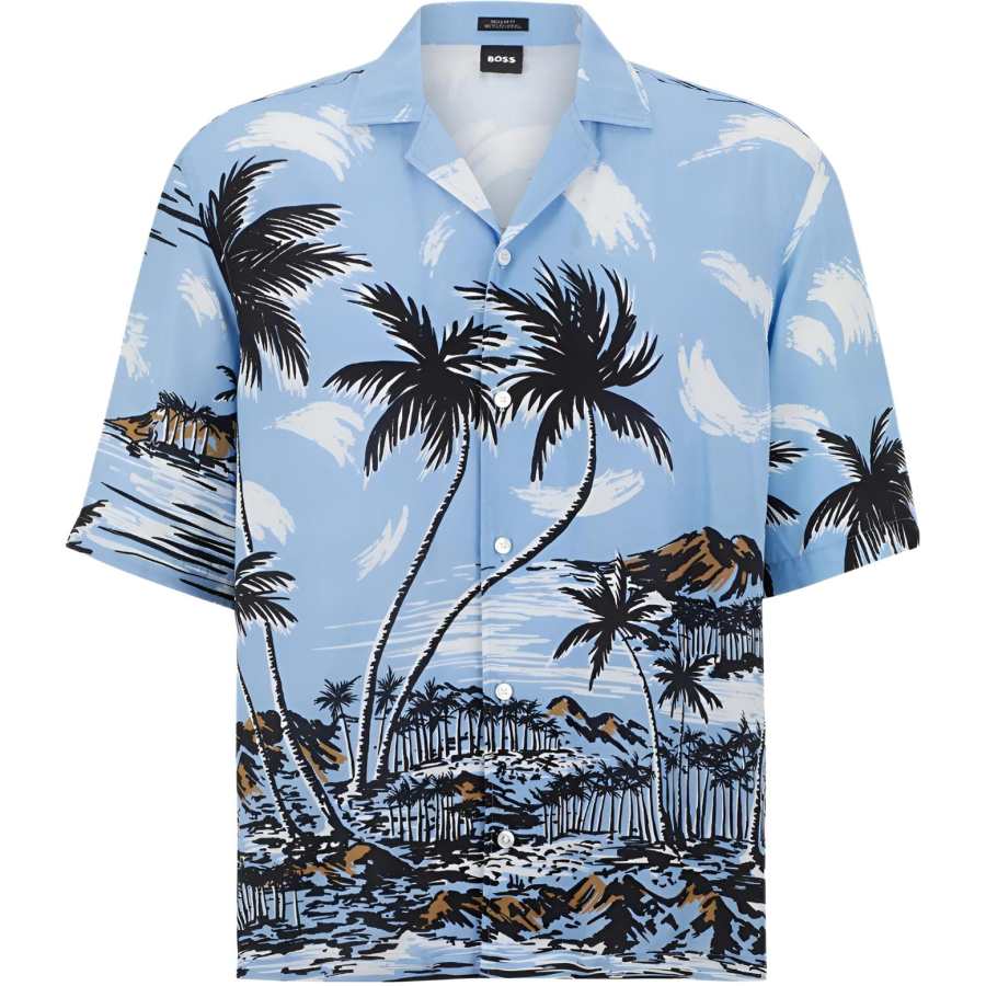 HUGO BOSS Shirts Men's Blue Cuban Collar Moderate Hawaii