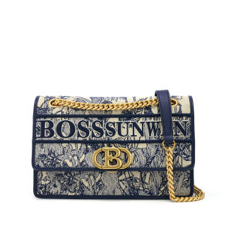 BOSSSUNWEN Blue And White Porcelain Textile, Cow Leather, Lock Casual Commute Date Shoulder Bag, Shoulder Bag Medium