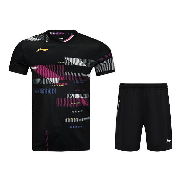 Li-Ning Li Ning Badminton Jerseys Men's Set Black Top+Black Bottom V Neck Moderate