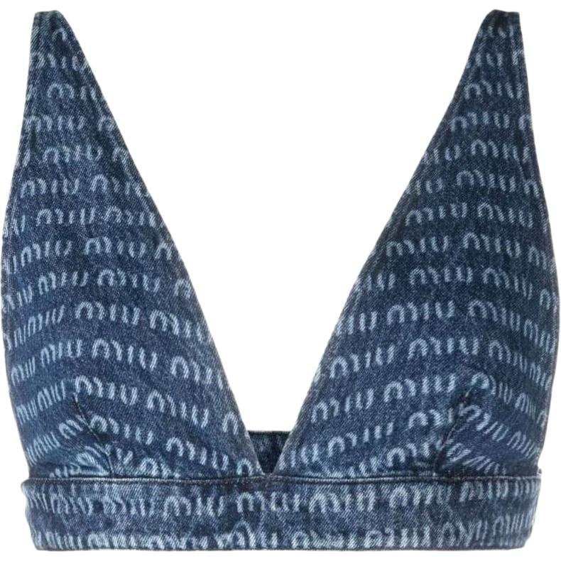 MIU MIU Allover Logo Printed Cropped Denim Top