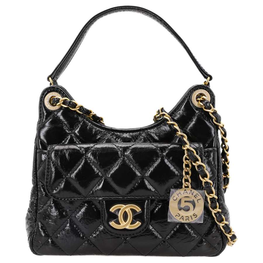 CHANEL HOBO Cow Leather Material Vintage Gold Chain Handbag Small Women's Black