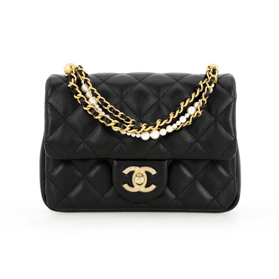 CHANEL Sheepskin Material Vintage Gold Chain Flap Bag, Shoulder Bag, Crossbody Bag Mini Women's Black