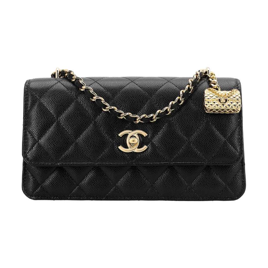 CHANEL WOC Litchi Grain Cow Leather Clutch Chain Bag Coin Purse Wallet Large Women's Black