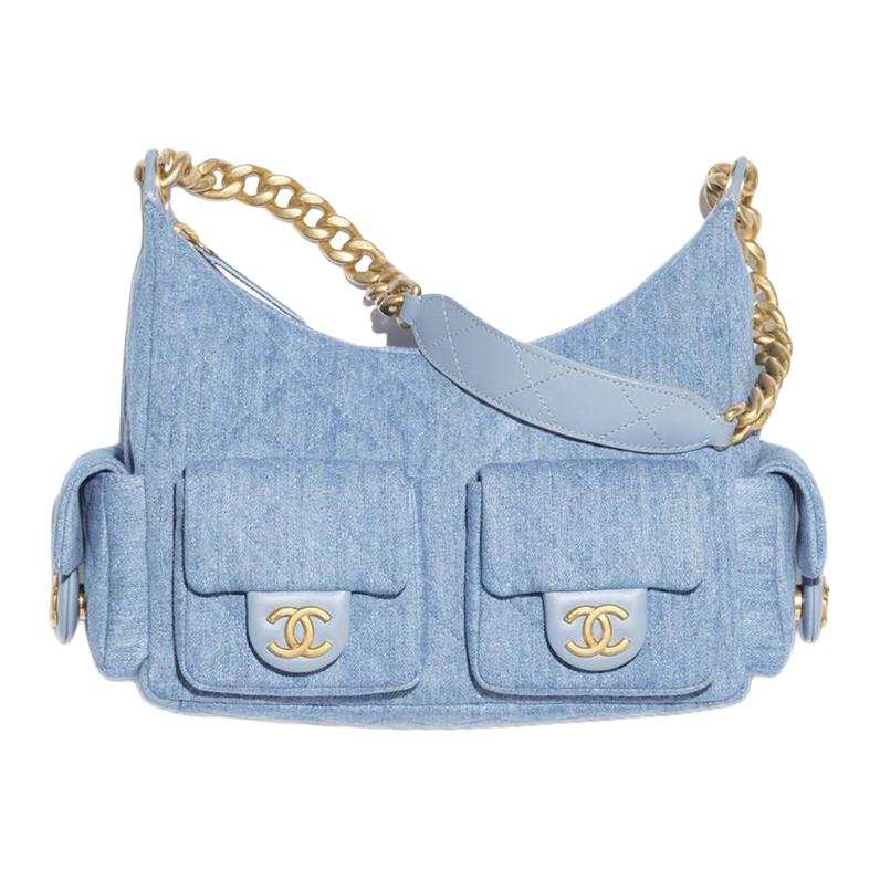 CHANEL Denim Material Gold Chain Hobo Bag, Handbag, Shoulder Bag Large Women's Blue