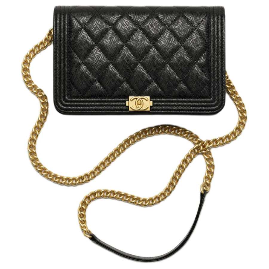 CHANEL Leboy Grain Cow Leather Material Gold Metal Crossbody Bags Women's Black