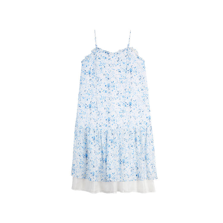 ELLE Slip Dresses Women's Blue Floral Crew Neck Moderate Mid Length