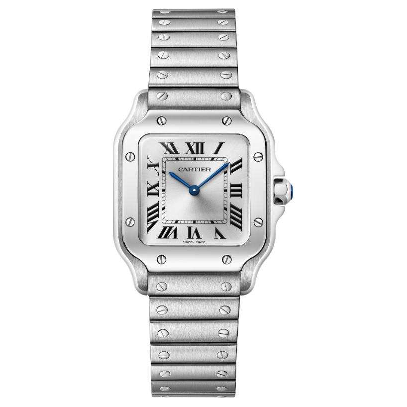 CARTIER SANTOS DE Quartz Movement 30m Waterproof Women's Watch 27*34.5mm Silver Dial Stainless Steel Case