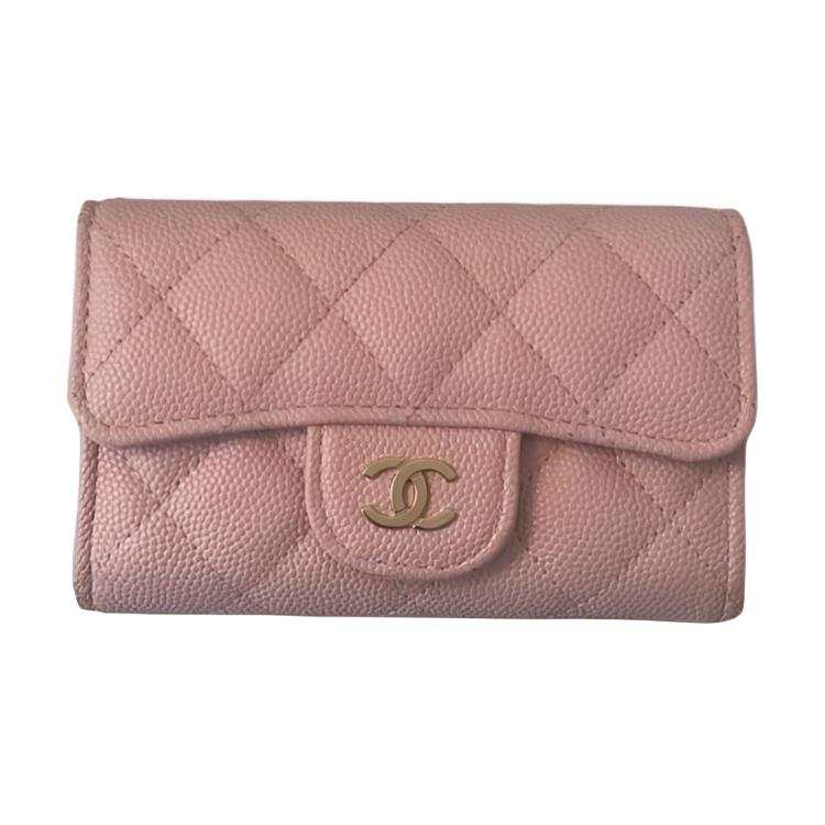 CHANEL Shiny Grain Calfskin & Gold Metal Card Holder Small Women's Cherry Blossom Pink