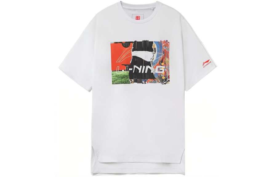 Li-Ning Li Ning T Shirts Men's White Crew Neck Moderate Straight Fit