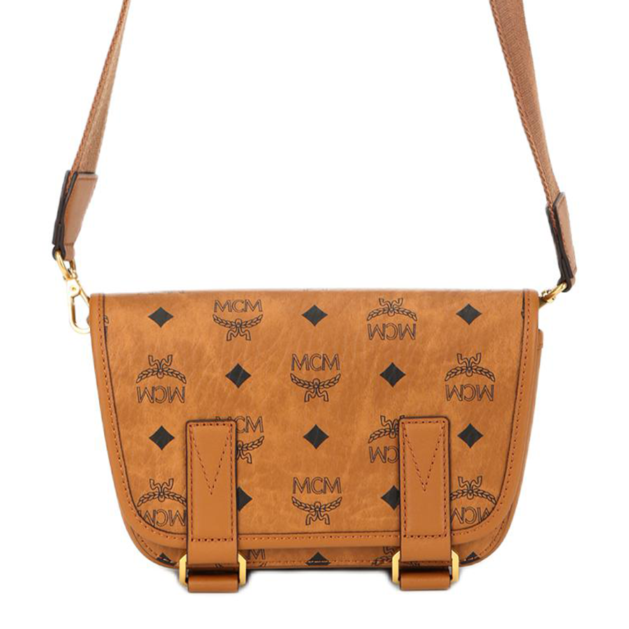 MCM Aren Visetos Coated Canvas With Leather Messenger Bag, Crossbody Bag, Shoulder Bag Mini Women's Cognac Brandy