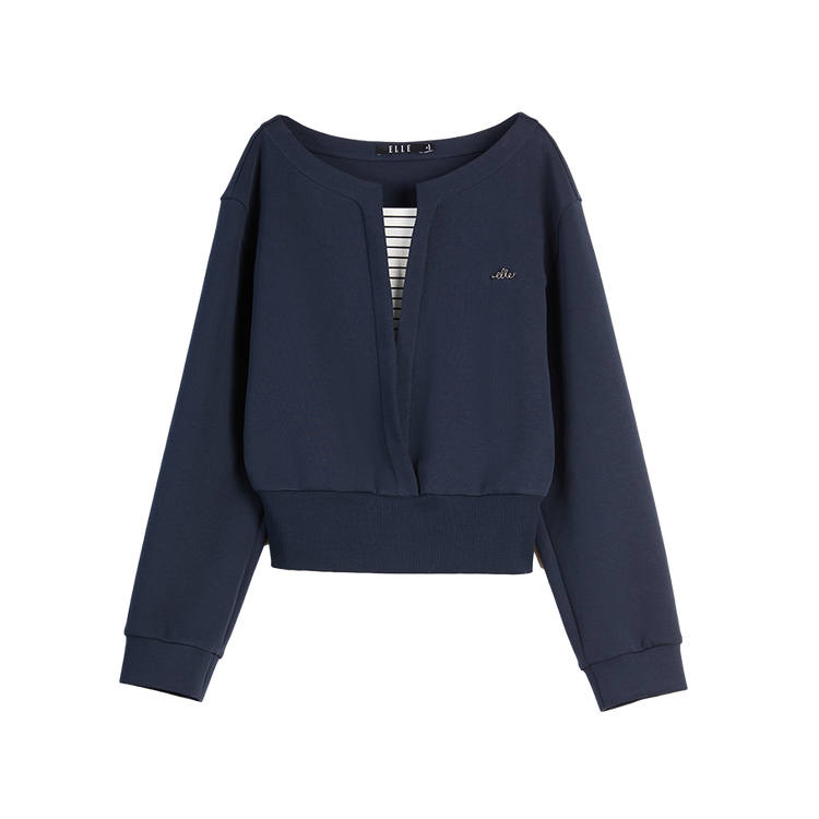ELLE Sweatshirts Women's Navy Blue Crew Neck Moderate Mock Two Piece