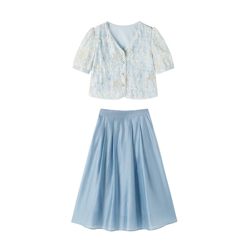 XIANGYING Two Piece Skirt Sets Women's Nautical Blue V Neck Thin Mid Length